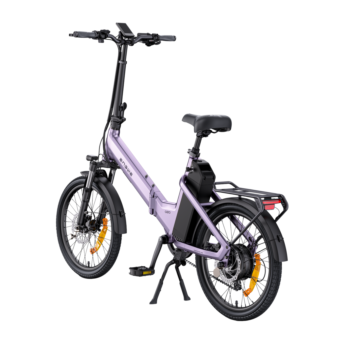 ENGWE O20 Boost bicicleta eléctrica morada vista en diagonal desde atrás con batería, portaequipajes y pata de cabra