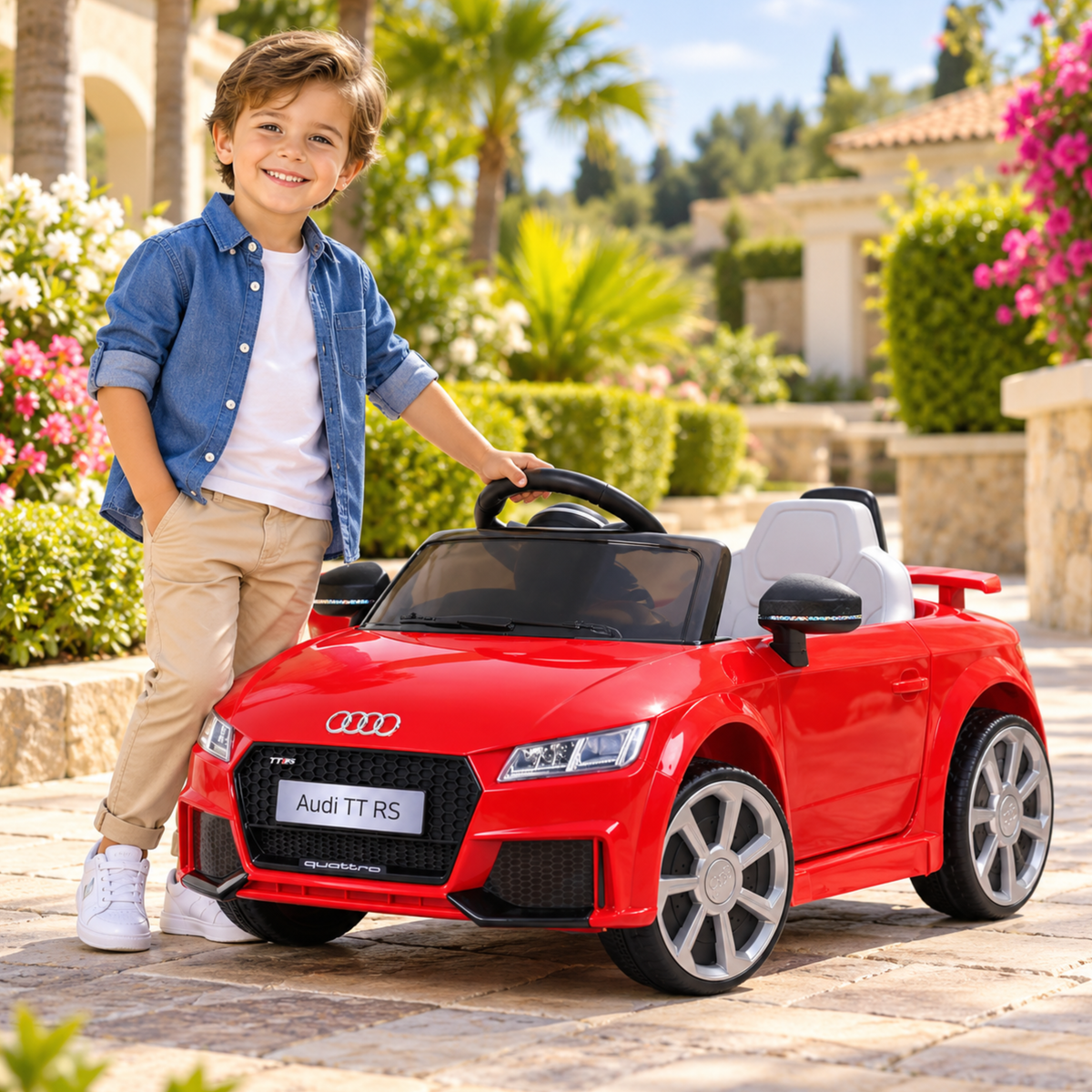 Niño de pie junto al coche eléctrico para niños Audi TT RS en color rojo