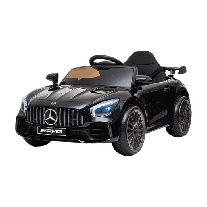 Coche eléctrico para niños Mercedes AMG GT en vista frontal en ángulo en color negro
