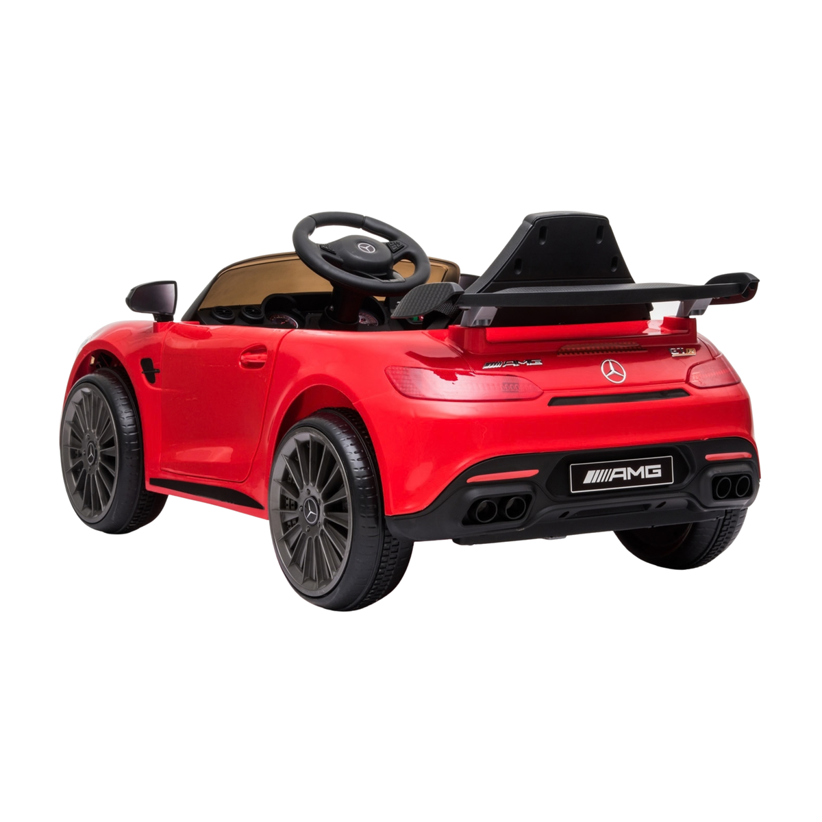 Coche eléctrico para niños Mercedes AMG GT visto en ángulo desde atrás en color rojo