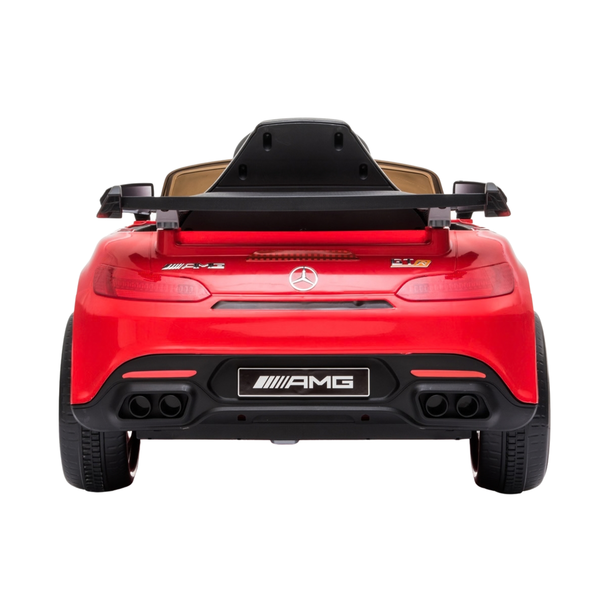 Coche eléctrico para niños Mercedes AMG GT visto desde atrás en color rojo