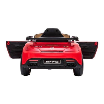 Coche eléctrico para niños Mercedes AMG GT con las puertas abiertas en color rojo