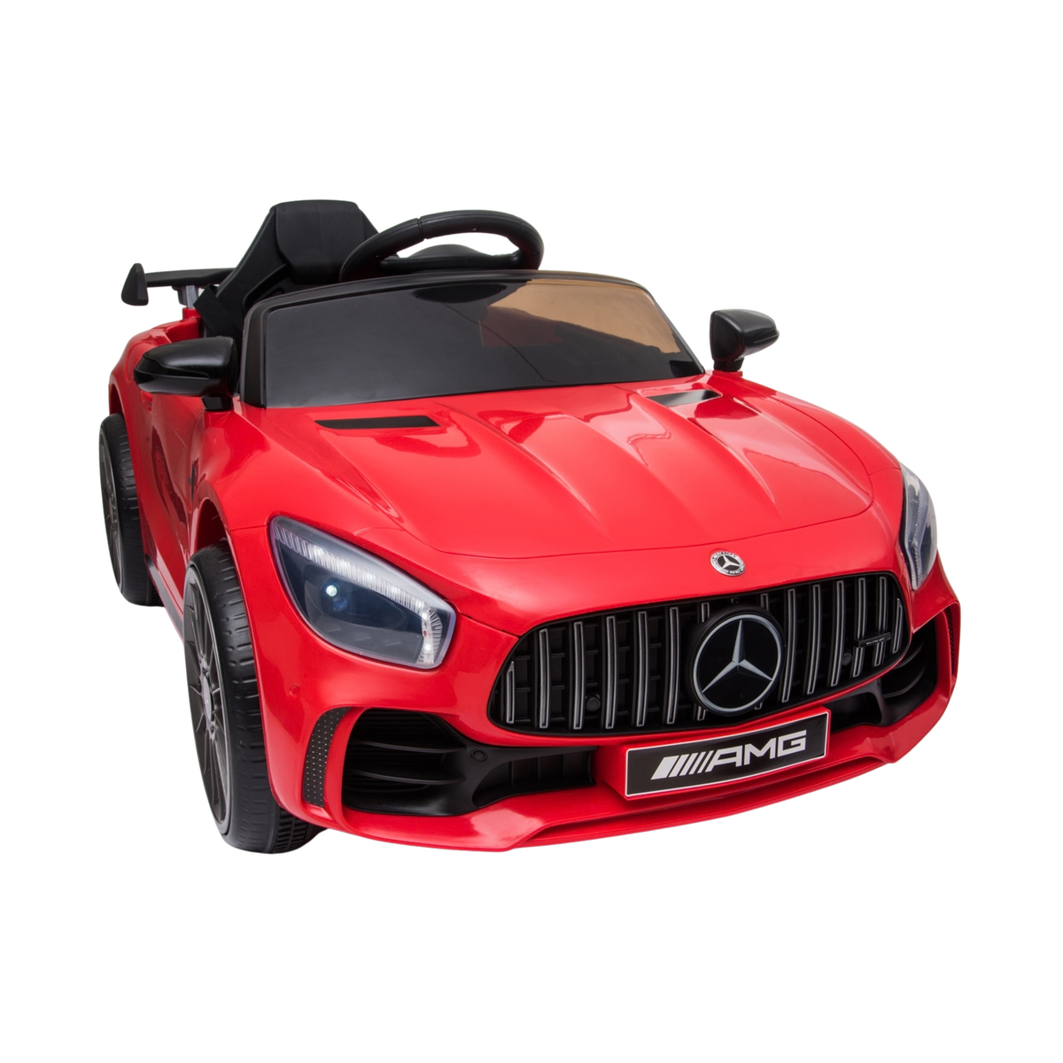 Coche eléctrico para niños Mercedes AMG GT en vista frontal en ángulo en color rojo