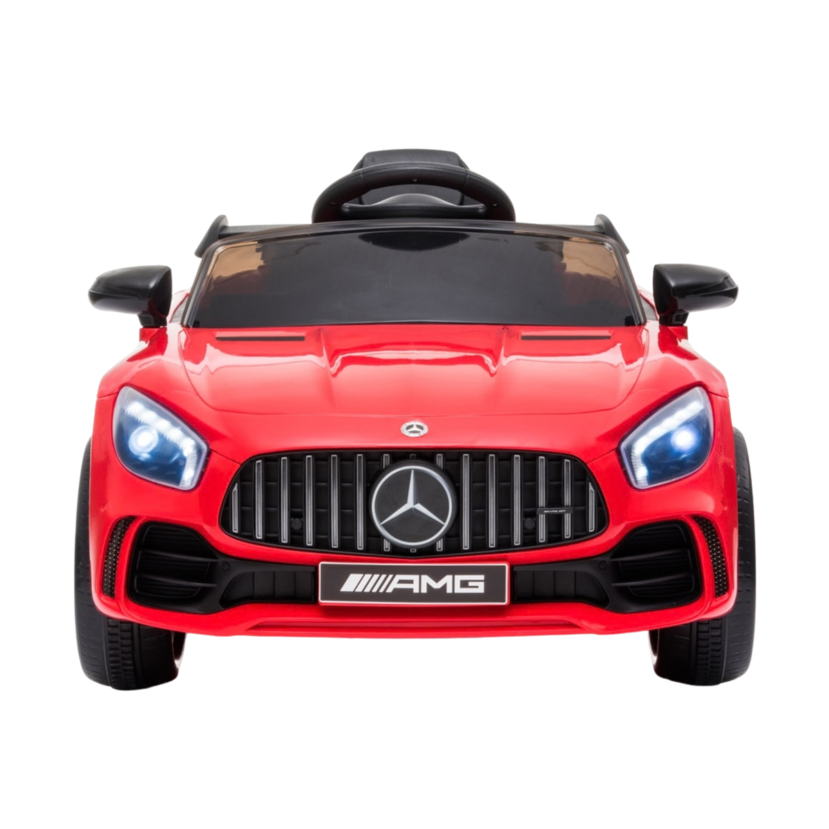 Coche eléctrico para niños Mercedes AMG GT visto de frente en color rojo
