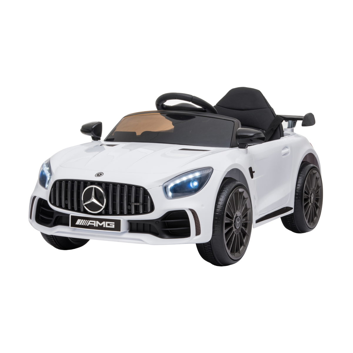 Coche eléctrico para niños Mercedes AMG GT en vista frontal en ángulo en color blanco