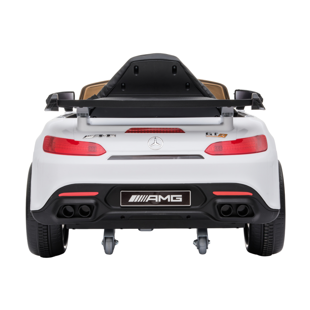 Coche eléctrico para niños Mercedes AMG GT visto desde atrás en color blanco