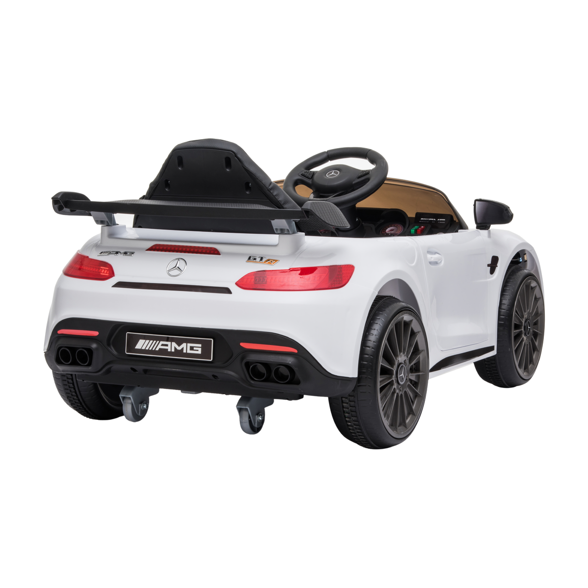 Coche eléctrico para niños Mercedes AMG GT visto en ángulo desde atrás en color blanco