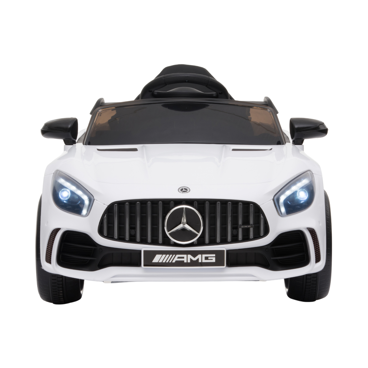 Coche eléctrico para niños Mercedes AMG GT visto de frente en color blanco