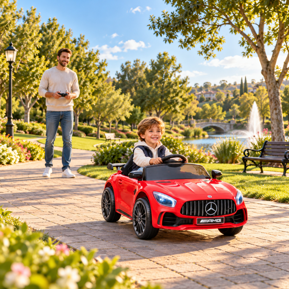Niño conduciendo el coche eléctrico para niños Mercedes AMG GT con un adulto al lado