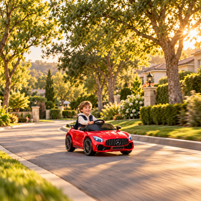 Niño conduciendo el coche eléctrico para niños Mercedes AMG GT en un parque
