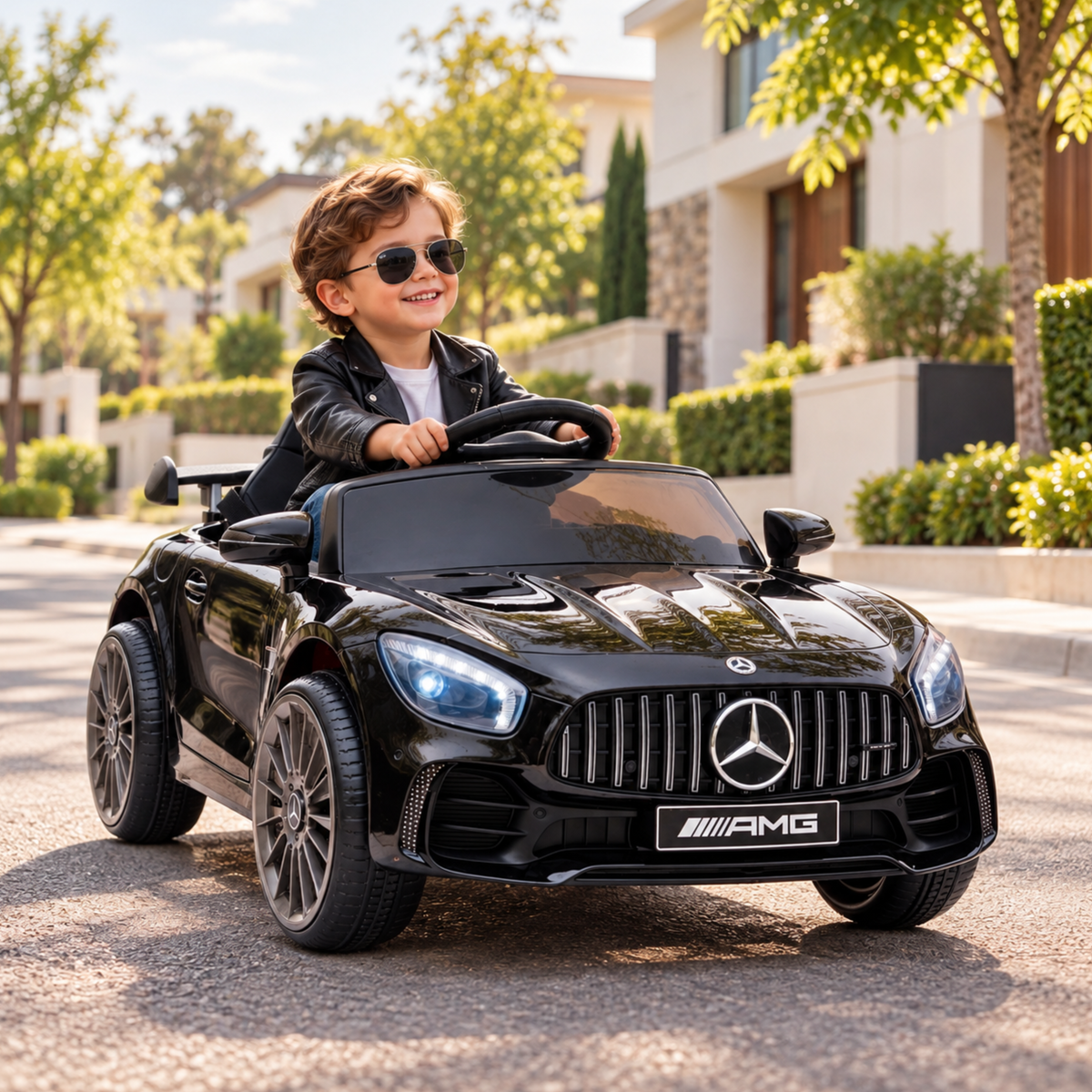 Niño conduciendo el coche eléctrico para niños Mercedes AMG GT