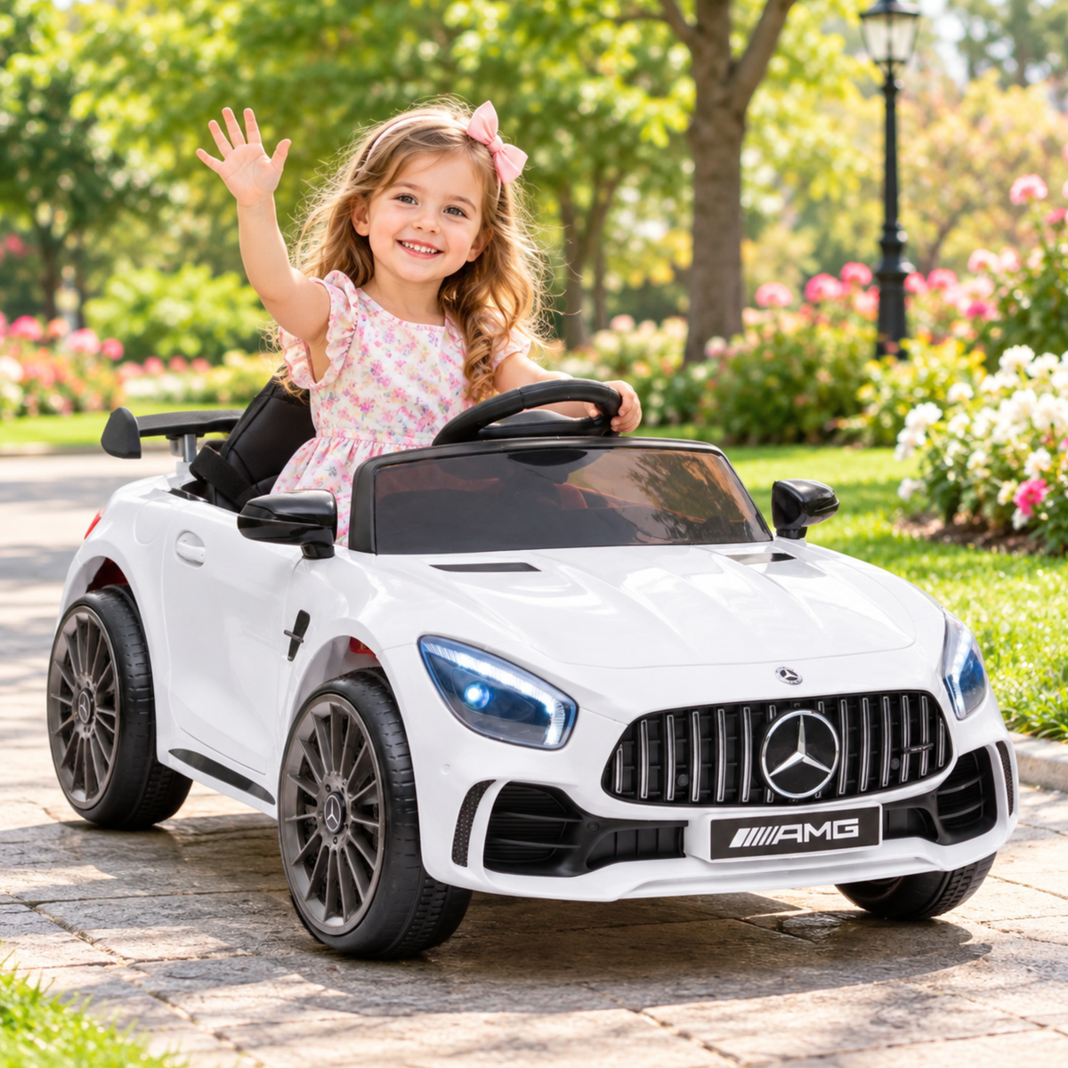 Niño conduciendo el coche eléctrico para niños Mercedes AMG GT en color blanco en un parque