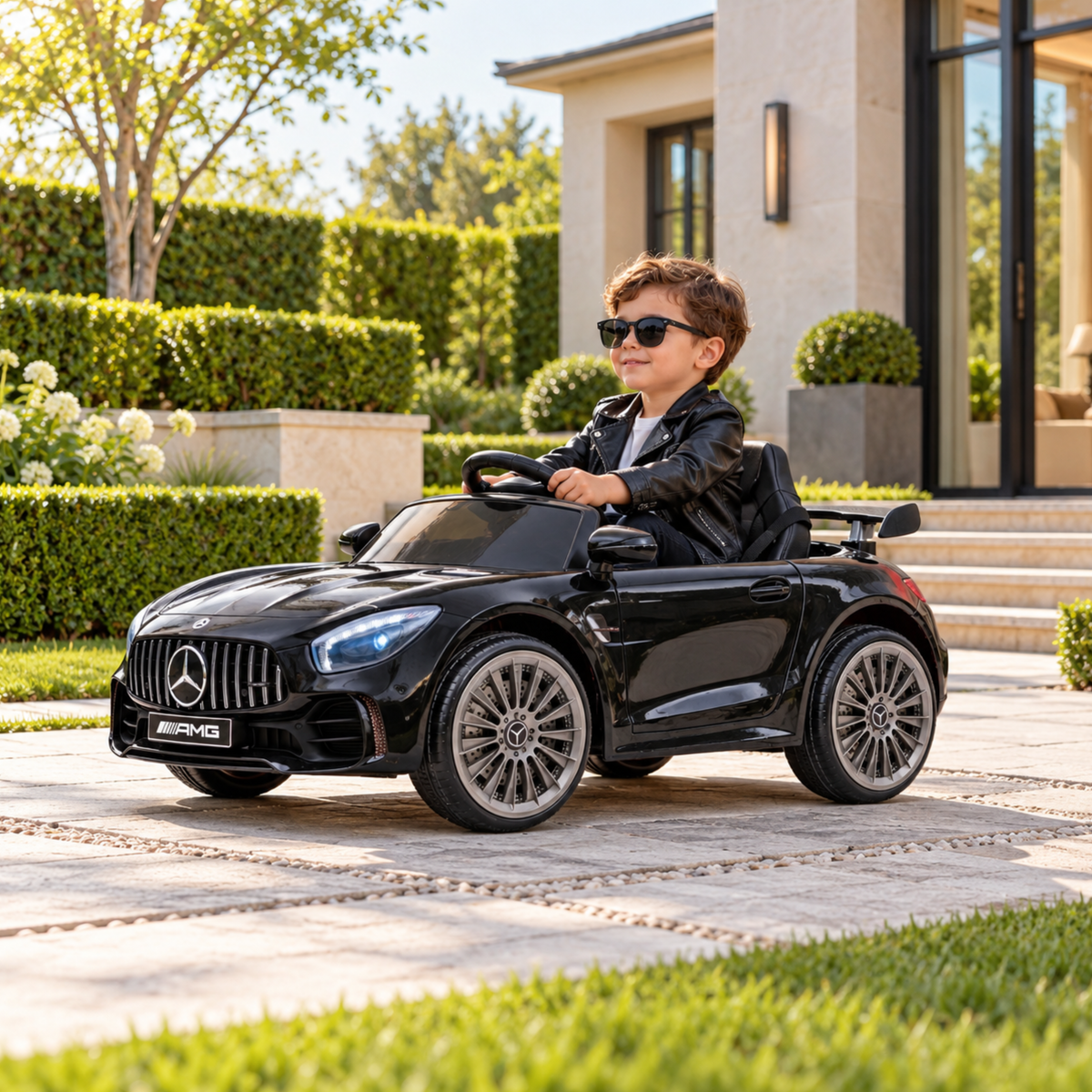 Niño conduciendo el coche eléctrico para niños Mercedes AMG GT