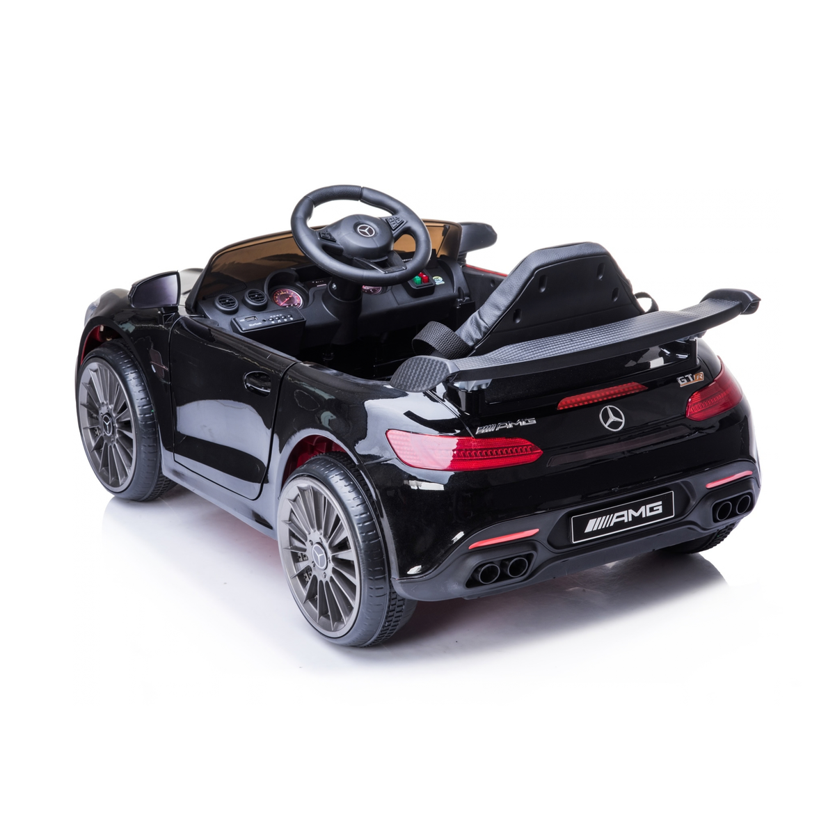 Coche eléctrico para niños Mercedes AMG GT visto en ángulo desde atrás en color negro