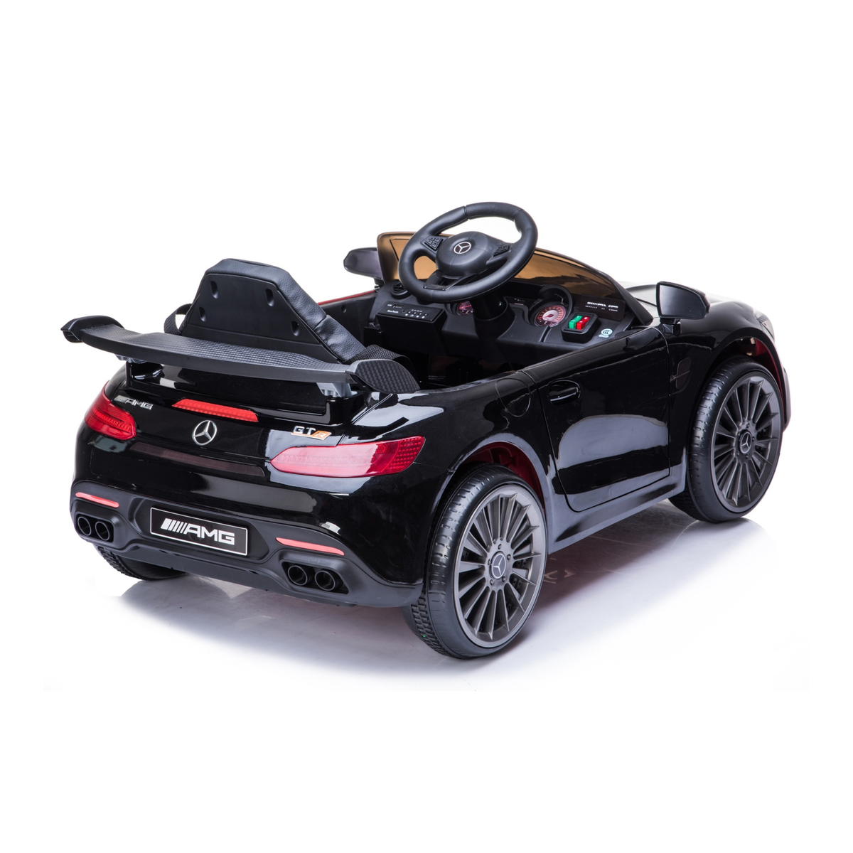 Coche eléctrico para niños Mercedes AMG GT visto en ángulo desde atrás en color negro