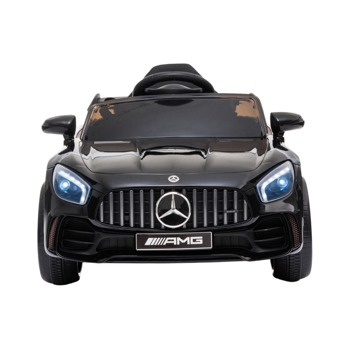 Coche eléctrico para niños Mercedes AMG GT visto de frente en color negro