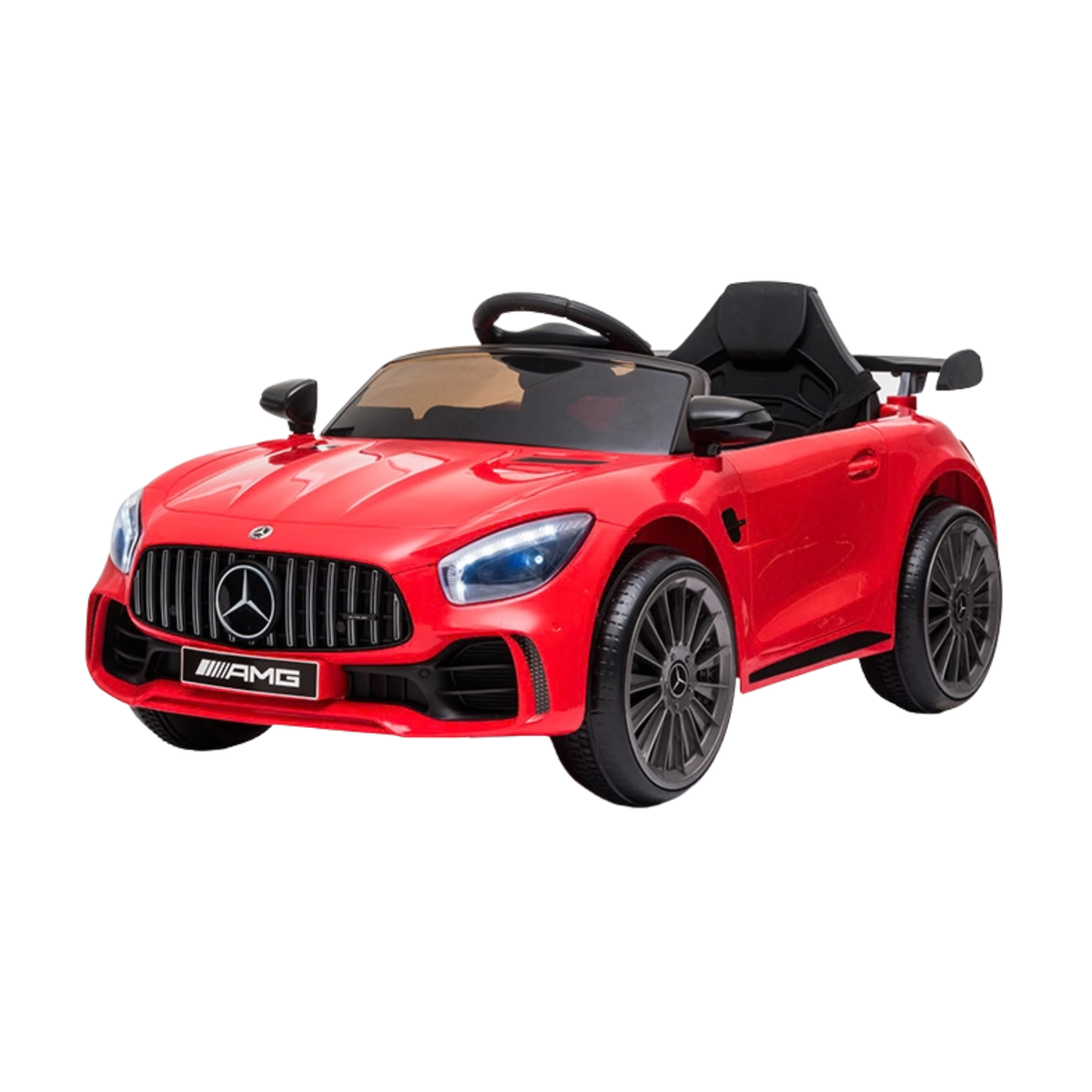 Coche eléctrico para niños Mercedes AMG GT en vista frontal en ángulo en color rojo