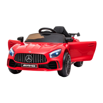 Coche eléctrico para niños Mercedes AMG GT con las puertas abiertas en color rojo