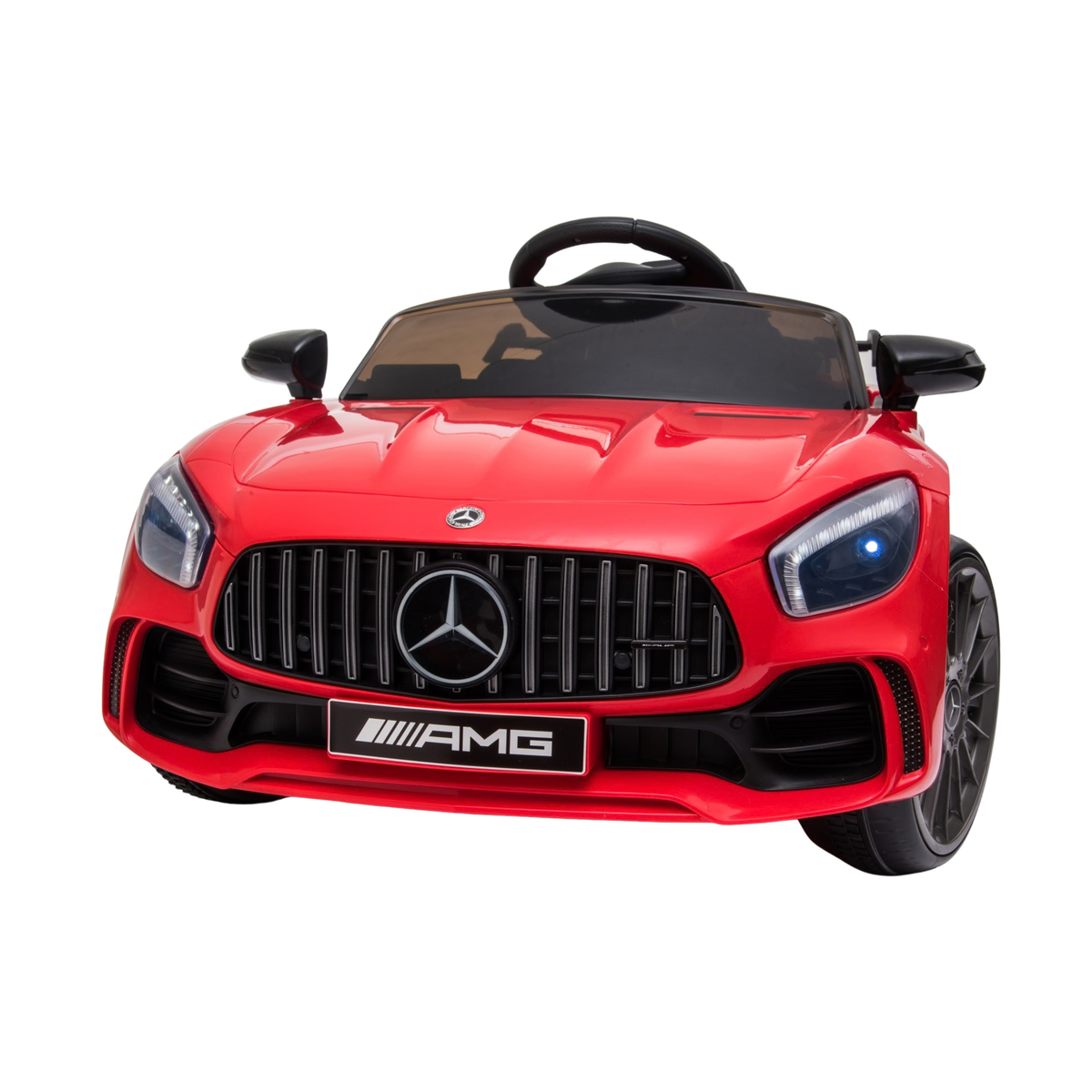 Coche eléctrico para niños Mercedes AMG GT visto de frente en color rojo