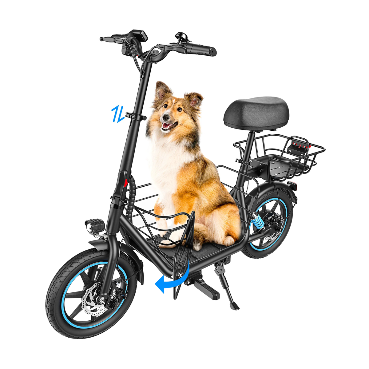 GYROOR C1 Plus negro con sillín, cesta trasera y llantas azules, un perro sentado en el reposapiés