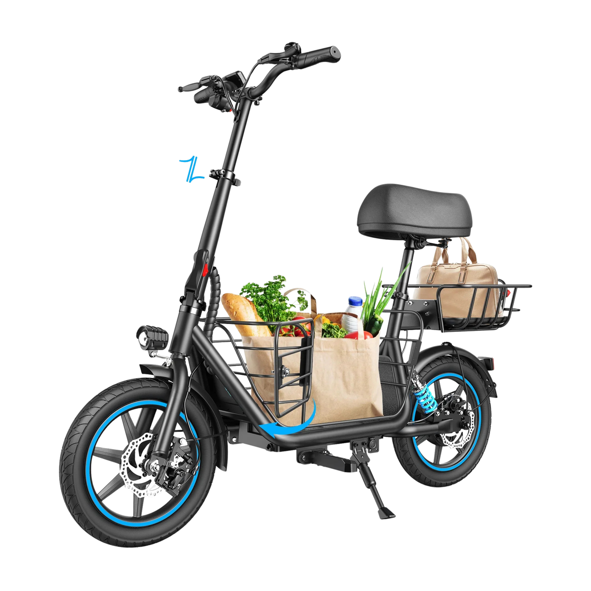 GYROOR C1 Plus visto en diagonal desde delante con una bolsa de la compra en la cesta delantera y un bolso en la cesta trasera