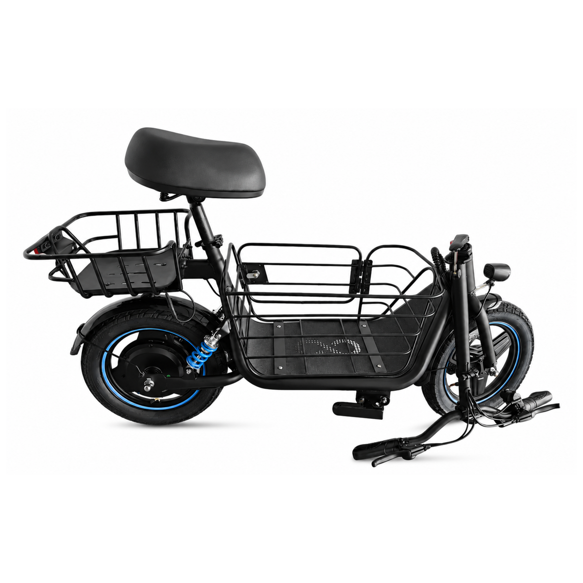 GYROOR C1 Plus de lado con asiento negro, cestas delante y detrás, bordes de llanta azules y muelle azul en la rueda trasera