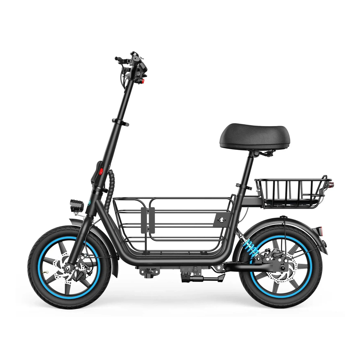 GYROOR C1 Plus visto de lado con sillín negro, cestas delante y detrás y ruedas con llanta de borde azul