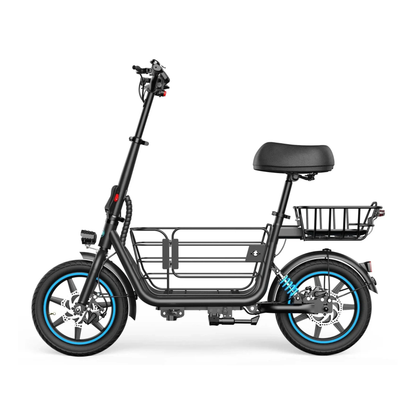 GYROOR C1 Plus visto de lado con sillín negro, cestas delante y detrás y ruedas con llanta de borde azul