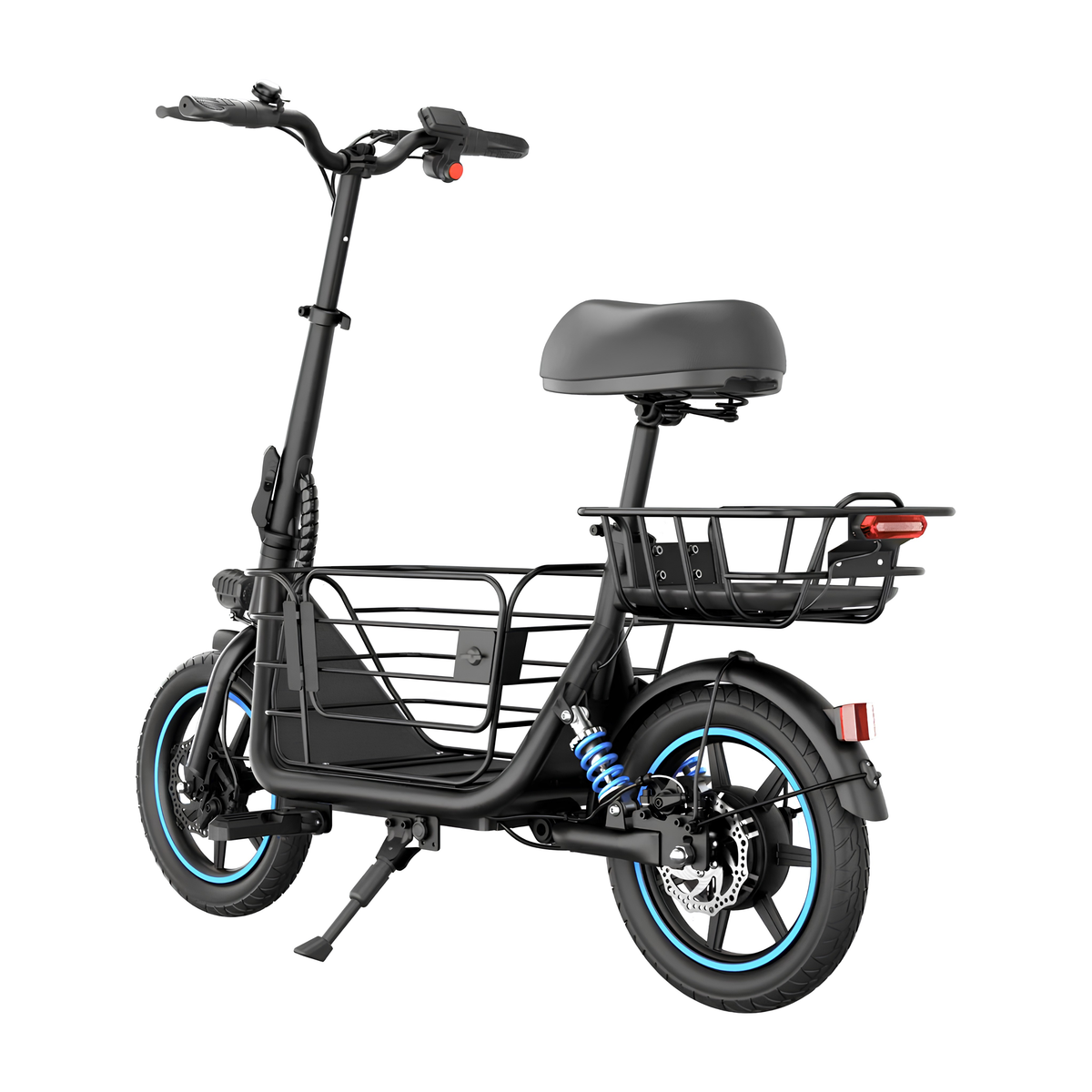GYROOR C1 Plus visto en diagonal desde atrás con cuadro negro, sillín, cestas de equipaje, amortiguador azul y caballete lateral