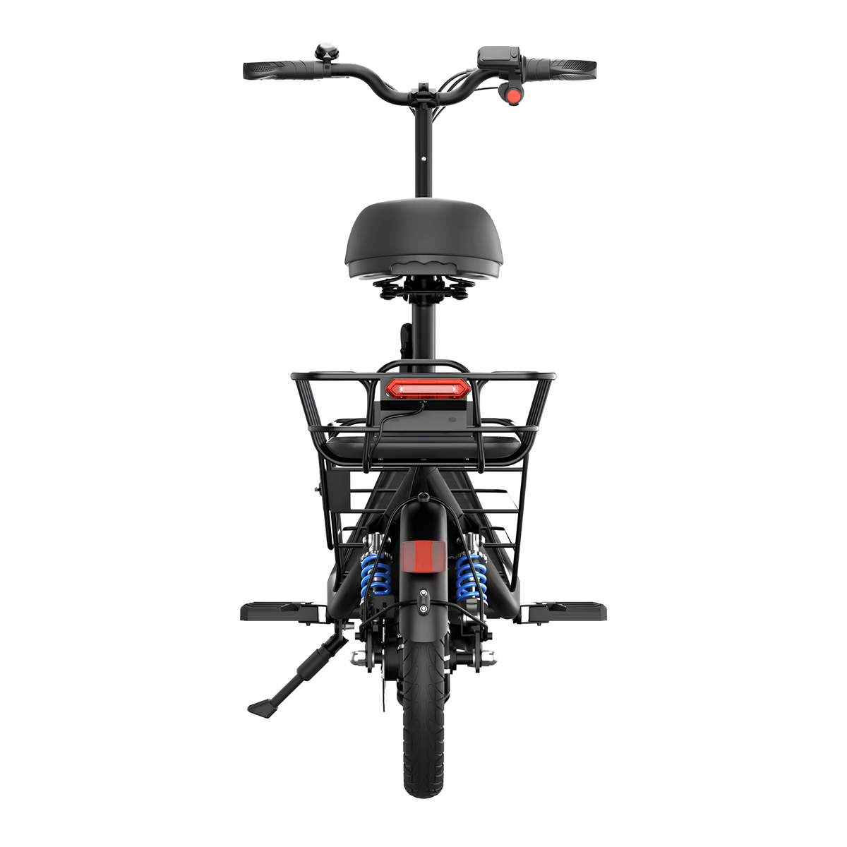 GYROOR C1 Plus visto directamente desde atrás con sillín, cesta trasera, luz trasera roja, amortiguador azul y reposapiés