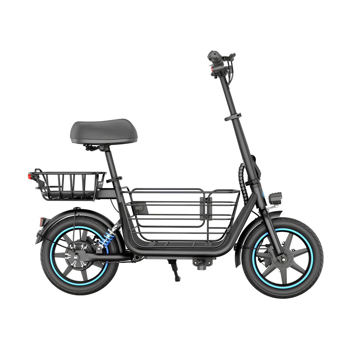 GYROOR C1 Plus visto de lado con asiento, cesta trasera, cesta delantera y detalles azules en las ruedas