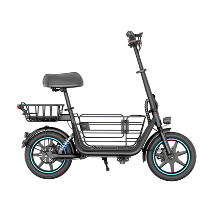 GYROOR C1 Plus visto de lado con asiento, cesta trasera, cesta delantera y detalles azules en las ruedas