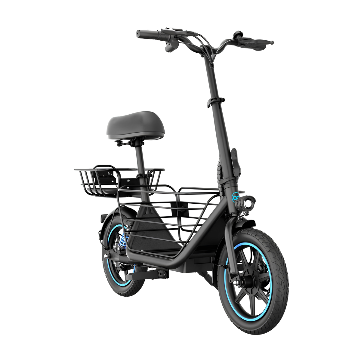 GYROOR C1 Plus visto en diagonal desde delante con sillín, cestas delante y detrás y detalles azules en las ruedas