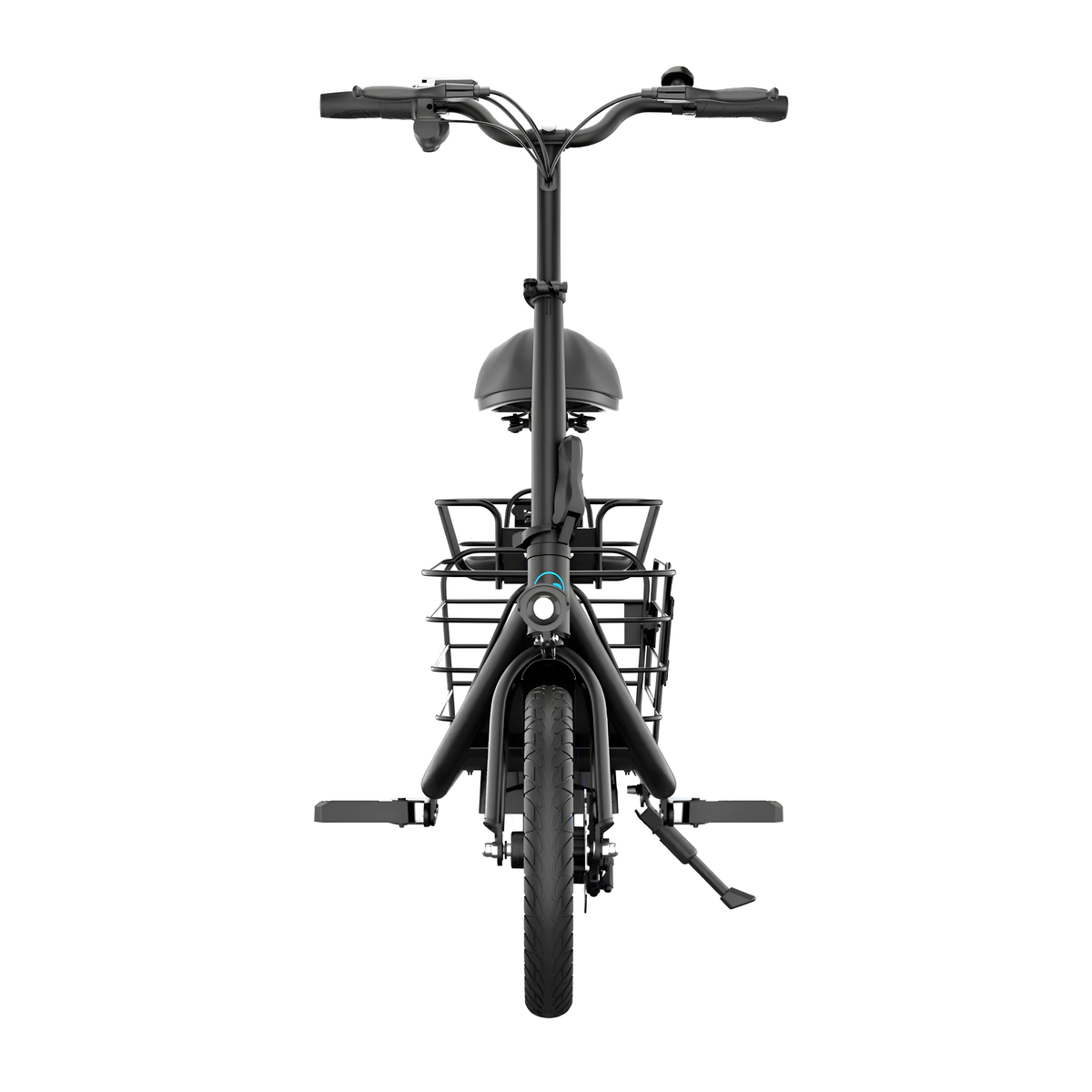 GYROOR C1 Plus visto directamente de frente con manillar, sillín, cesta, pedales y apoyo lateral