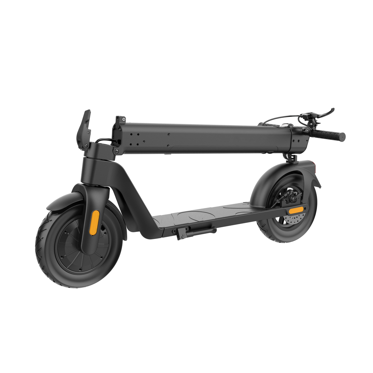 Patinete eléctrico HX D01 plegado, en vista frontal en ángulo