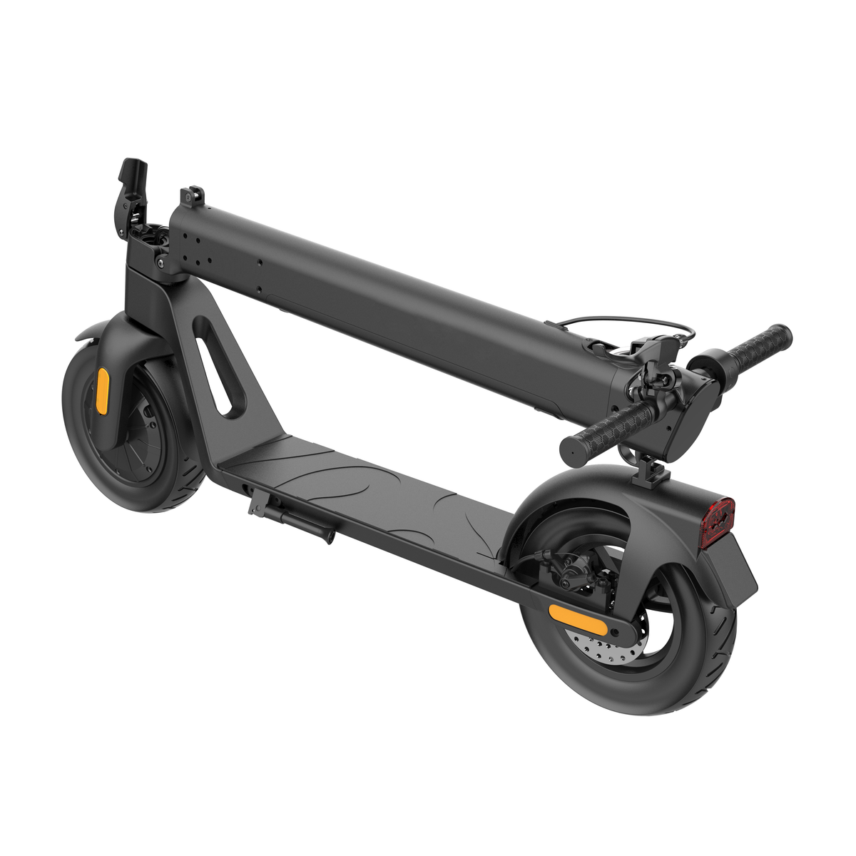 Patinete eléctrico HX D01 plegado, vista trasera en ángulo desde el lado opuesto