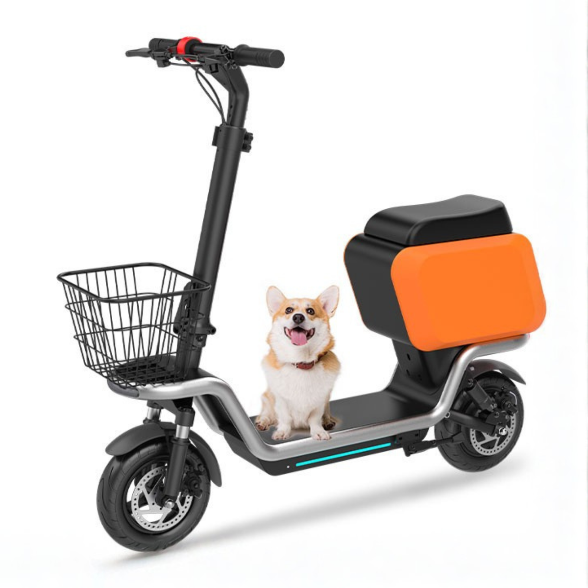 Patinete eléctrico HX S20 en vista frontal en ángulo con un perro