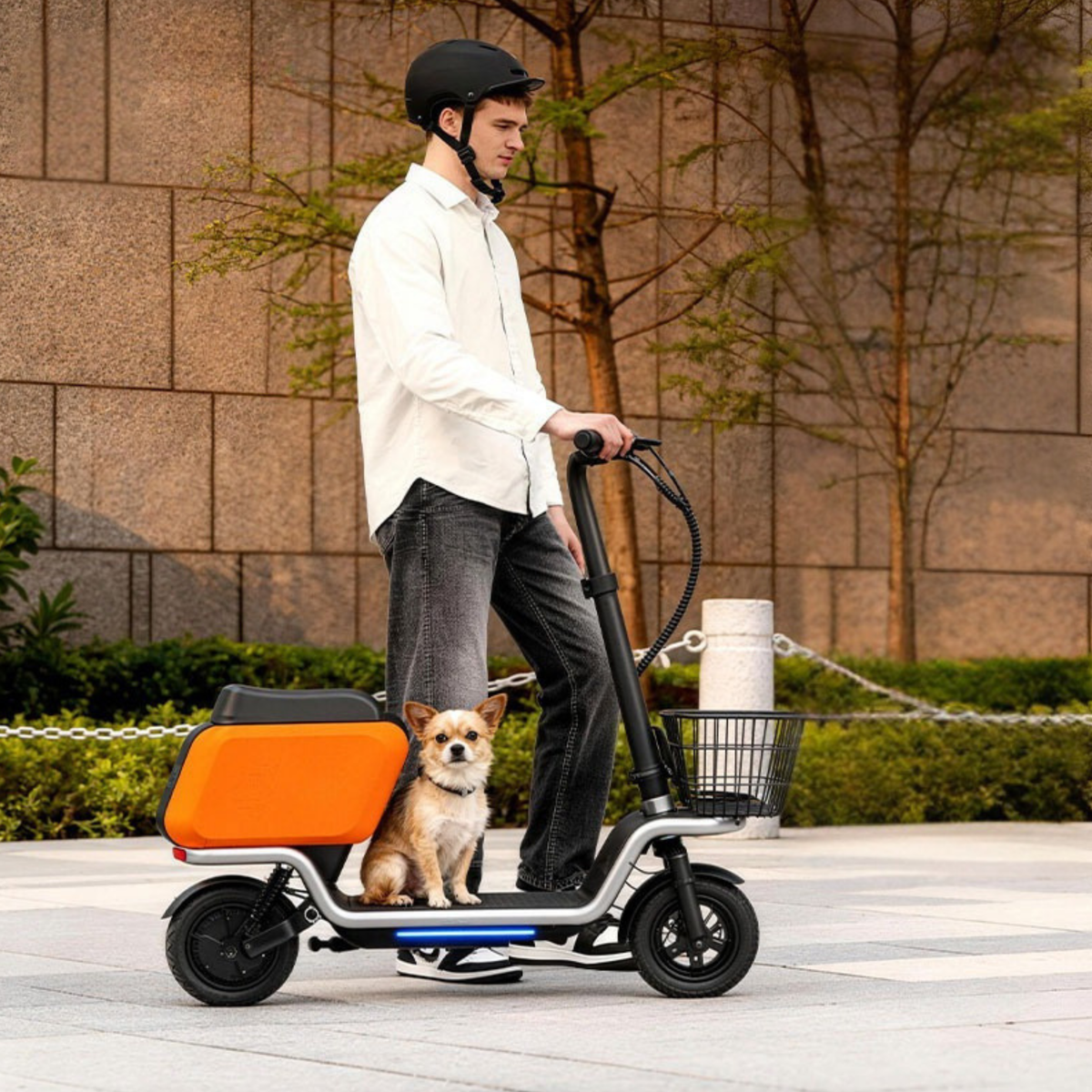 Hombre de pie junto al patinete eléctrico HX S20 con un perro