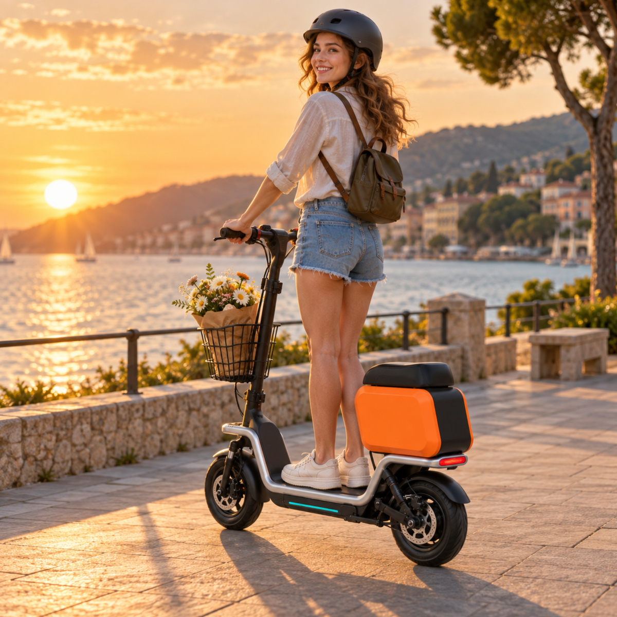 Mujer de pie junto al patinete eléctrico HX S20 al atardecer