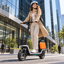 Mujer montando el patinete eléctrico HX S20 por la ciudad