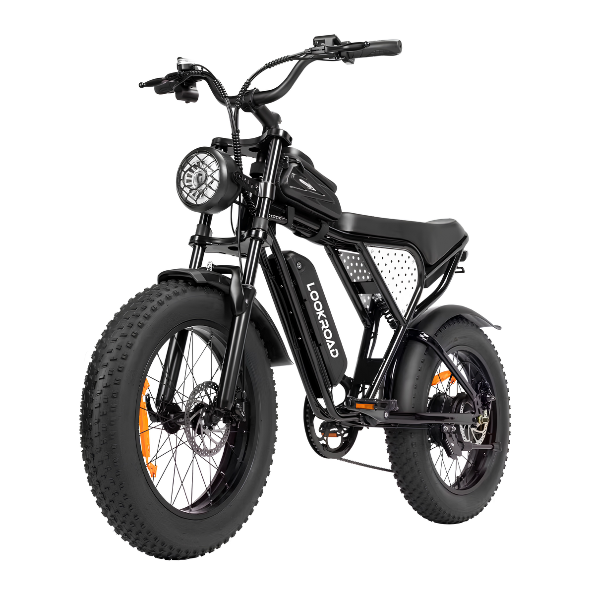 Bicicleta eléctrica fat bike LOOKROAD L20 MIN en vista frontal en ángulo en color negro