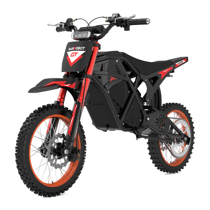 Moto cross eléctrica NANROBOT GTR en vista frontal en ángulo en color naranja