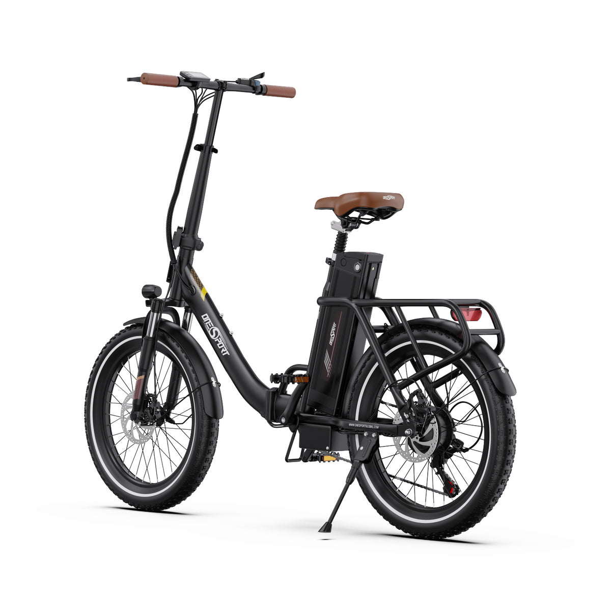 Bicicleta eléctrica plegable OneSport OT16-2 en vista frontal en ángulo en color negro