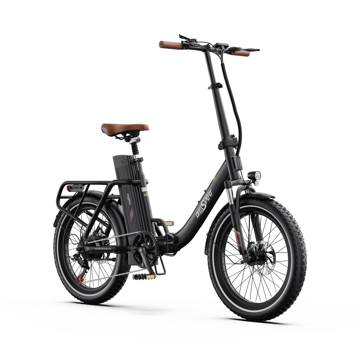 Bicicleta eléctrica plegable OneSport OT16-2 vista de frente en color negro