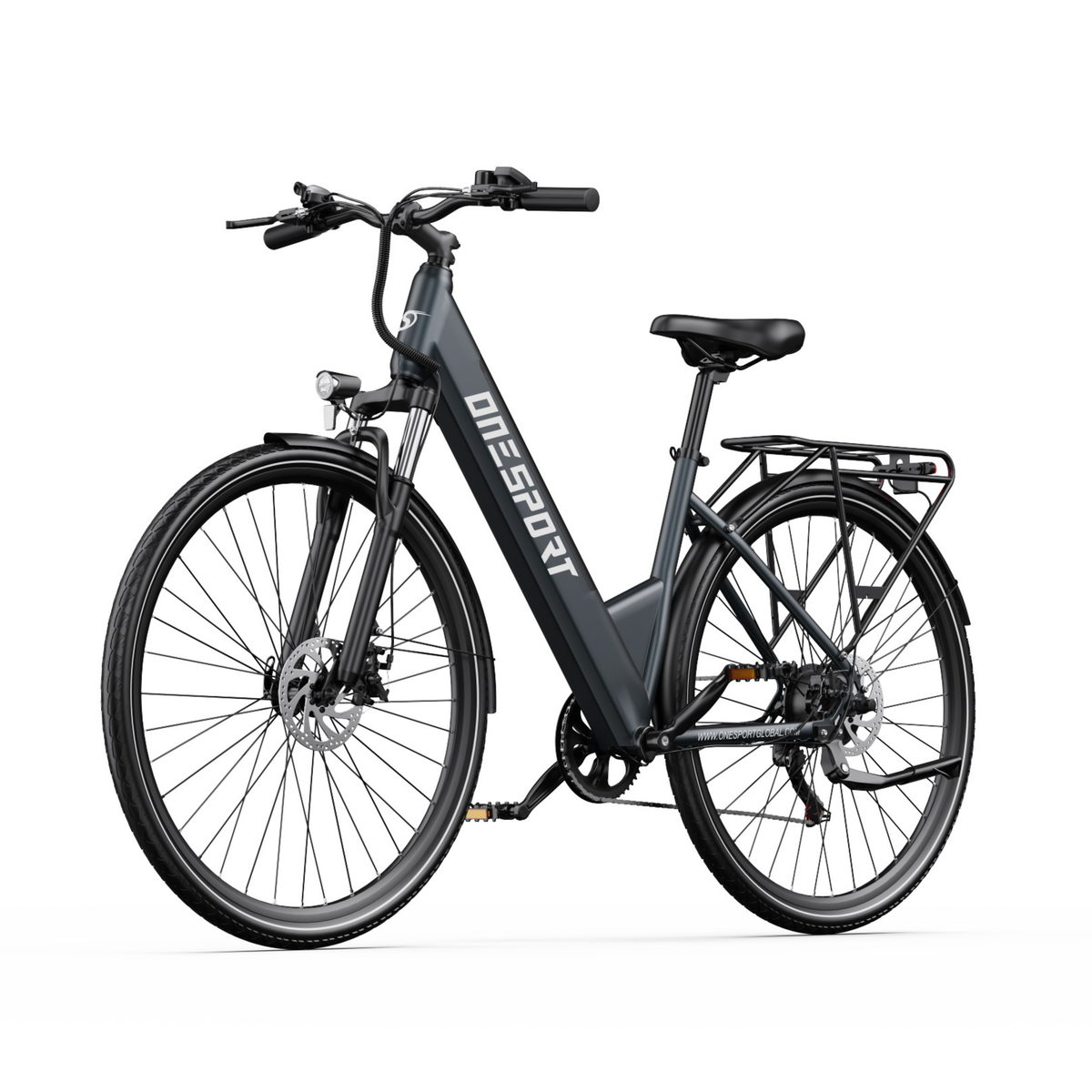 Bicicleta eléctrica OneSport OT12 Pro vista en diagonal desde delante con cuadro de paso bajo, portaequipajes y frenos de disco