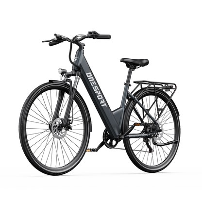 Bicicleta eléctrica OneSport OT12 Pro vista en diagonal desde delante con cuadro de paso bajo, portaequipajes y frenos de disco