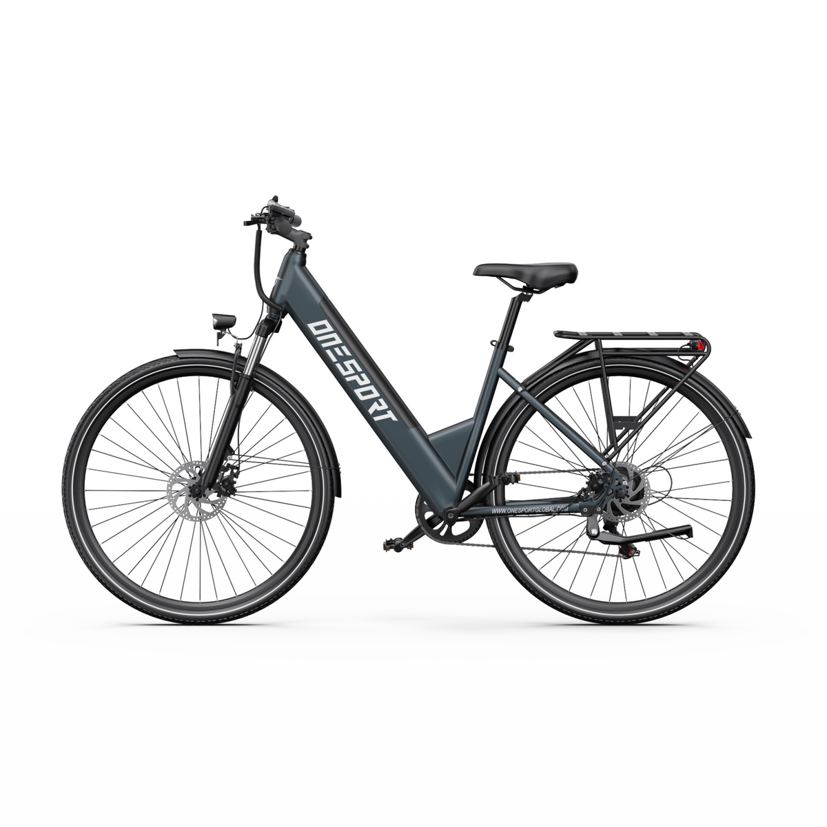 Bicicleta eléctrica OneSport OT12 Pro vista de lado con cuadro de paso bajo, sillín y portaequipajes