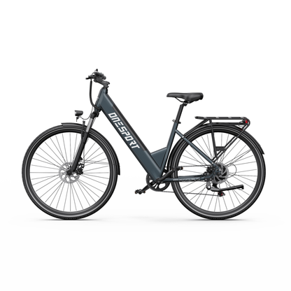 Bicicleta eléctrica OneSport OT12 Pro vista de lado con cuadro de paso bajo, sillín y portaequipajes