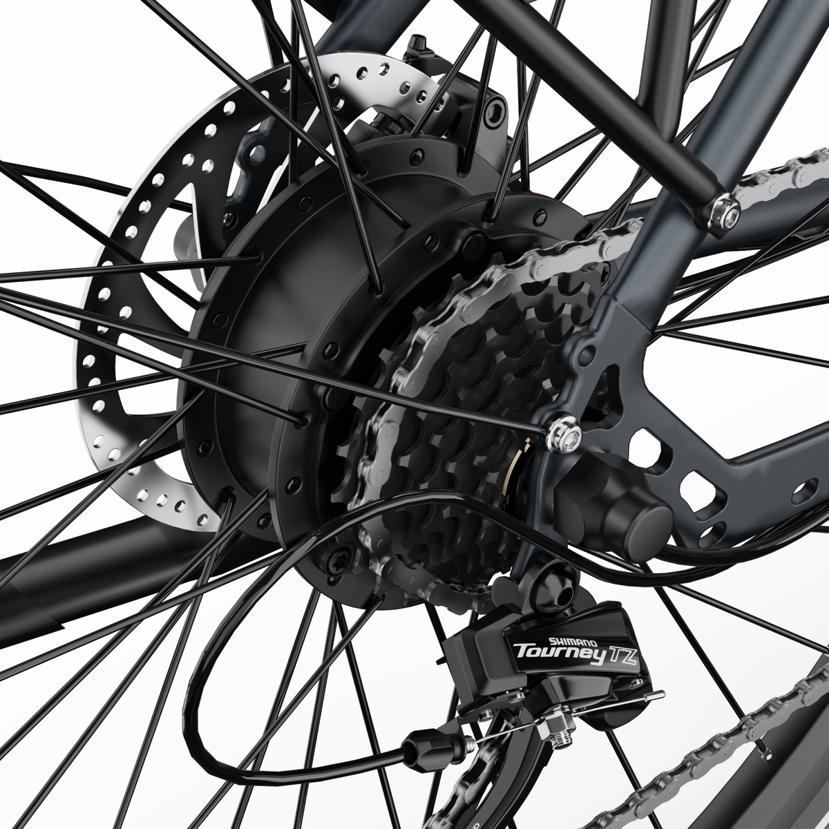 OneSport OT12 Pro, detalle del buje trasero, disco de freno, cassette y cadena