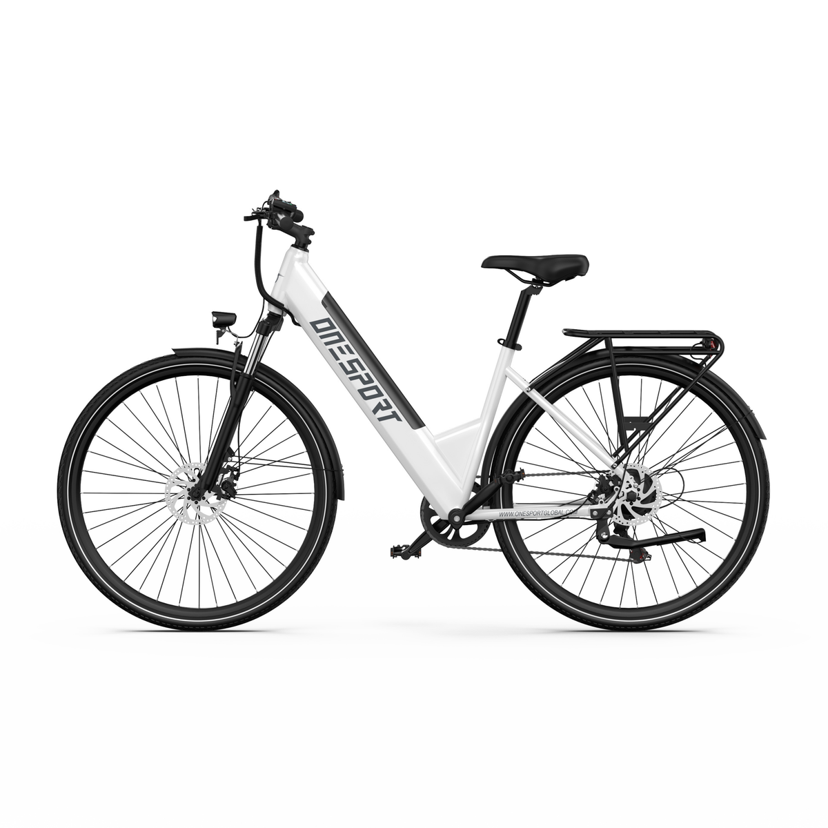 OneSport OT12 Pro, bicicleta eléctrica blanca de cuadro bajo, vista lateral directa